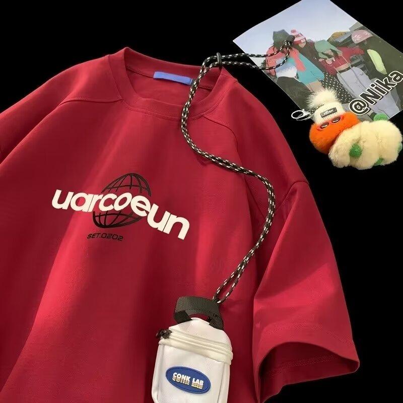 

Новая летняя футболка с короткими рукавами для мужчин, тренд в корейском стиле, простой топ с короткими рукавами, свободная повседневная брендовая футболка в гонконгском стиле 5XL вино красного