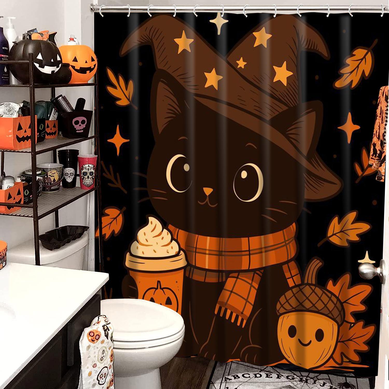 

2025 Halloween Cats Pattern Bathroom Shower Curtain With 12 Hooks Home bathroom decor and accessories 180x180cm curtain