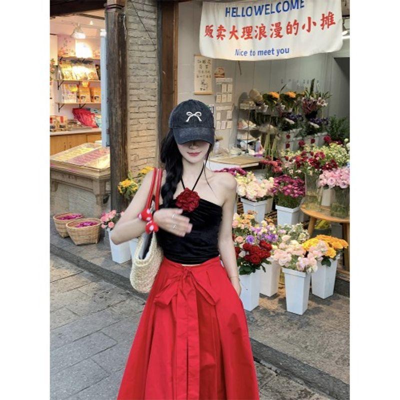 

Кумикуми Трехмерный Цветок Подвеска на Шею Женский Летний Красный Бант Шнуровка Юбка-зонт Комплект из двух предметов Black Sling L