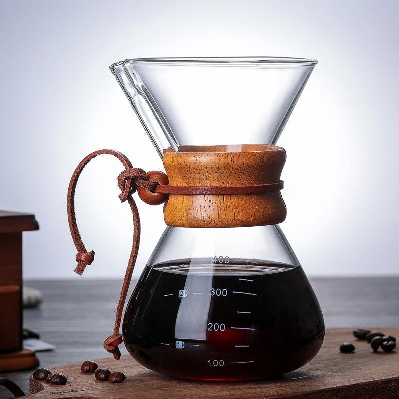 Heat-resistant glass coffee pot, coffee sharing pot, wooden handle hand-brewed pot, borosilicate glass pot.