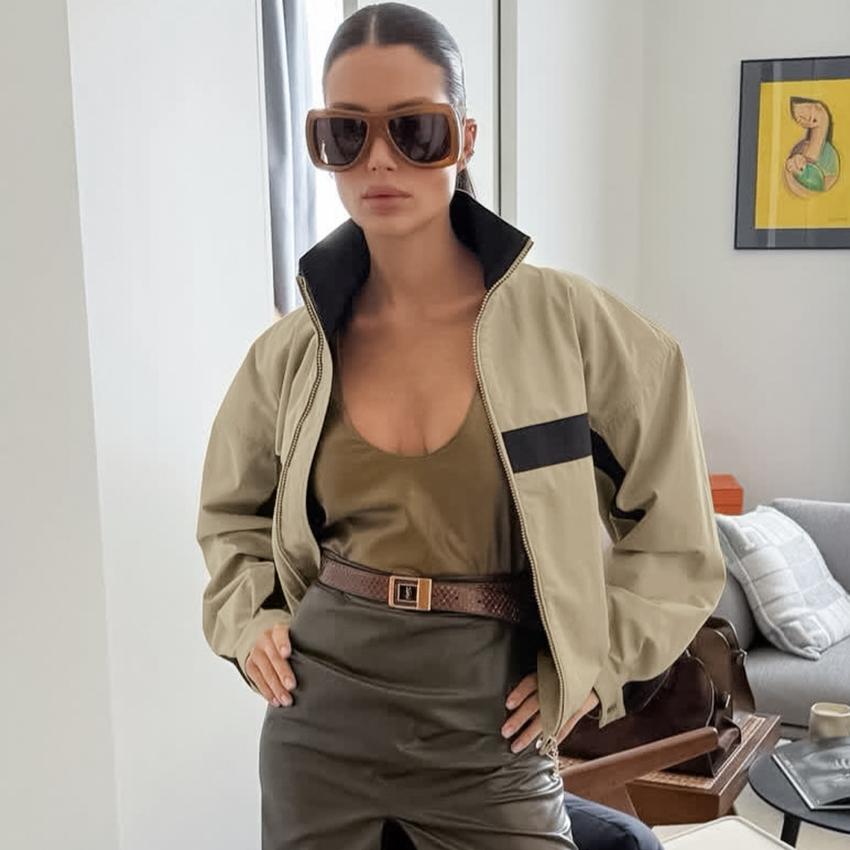 Chic de Rua Linad Jaquetas Cáqui com Gola Alta e Zíper 2026 Casacos Casuais de Manga Longa Moda Feminina Soltos Para Mulher Novo