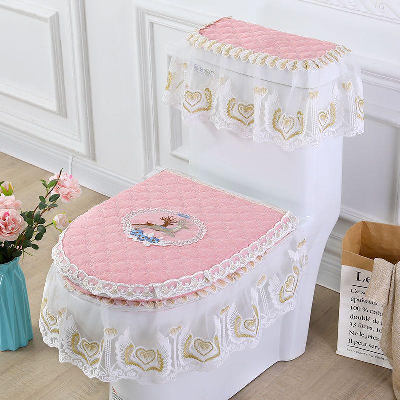 Universal European Style Double-Sided Toilet Seat Cover Set with Zippered Lace Fabric - All Seasons, Three-Piece Set.