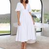 Puff Sleeve Vacation Dress For Women Summer  Deep V Neck Casual Short Sleeve A-Line Maxi Dresses