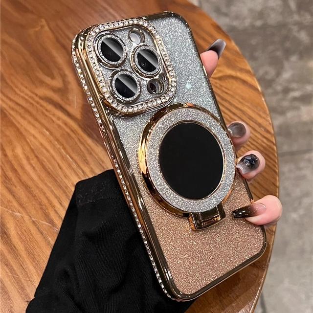 For iPhone 16 Pro Max Luxury Plating Flash Mirror Holder Stand Diamond Frame For iPhone 11 12 13 14 15Plus Lens Protective Cover