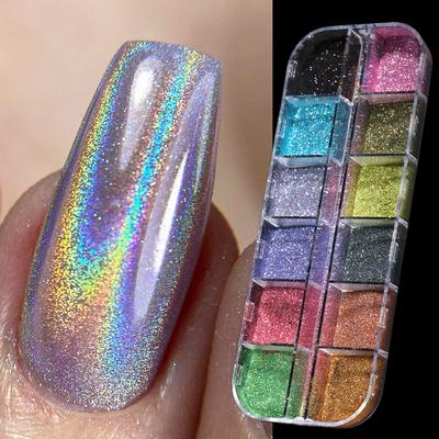 12 Gitter/Box holografisches Nagel-Glitzerpulver, Laser-Pigment, bunter Staub, Nagelkunst-Dekoration