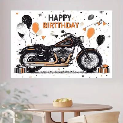 2D Vintage Motorcycle Happy Birthday Tapestry Boys Party Background Banner