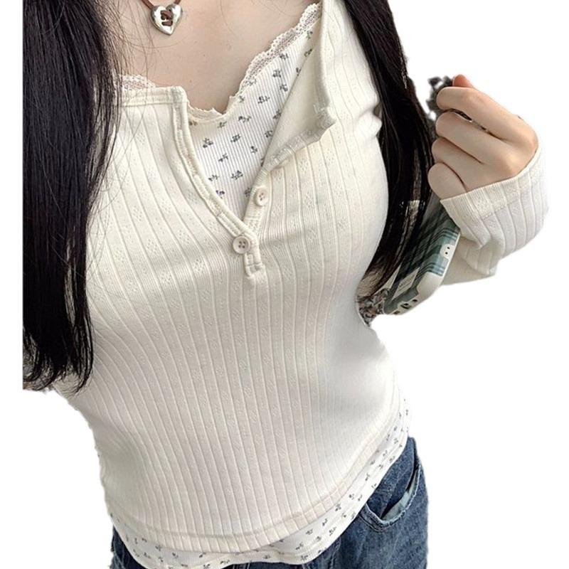 Spring & Autumn Floral Two-Piece Look Long-Sleeve Slimming Top for Women