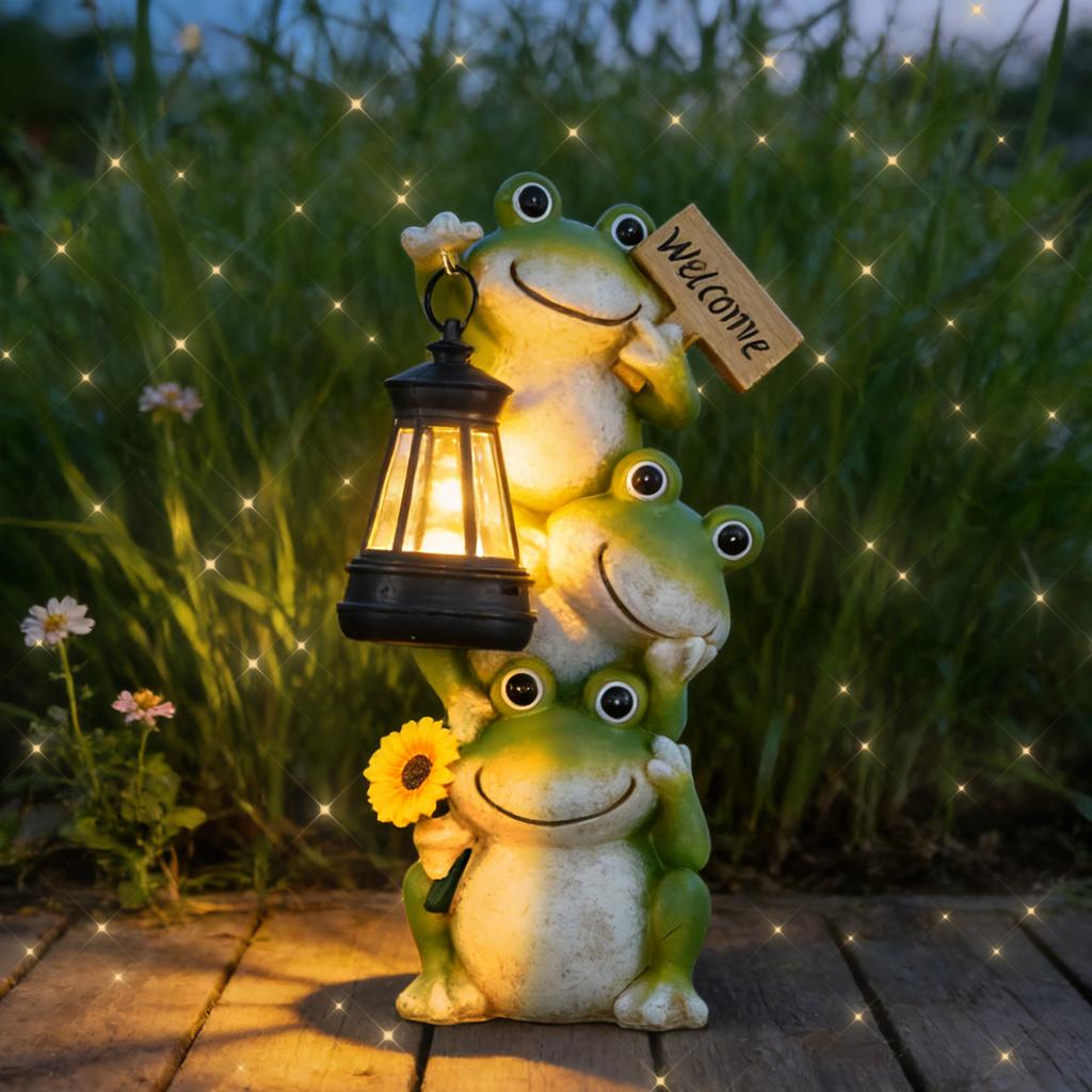 Gestapelte Frosch-Gartenstatue mit Solar-Laterne & Willkommensschild - Outdoor-Terrassendekoration, Frosch-Dekoration aus Harz für Garteneingang