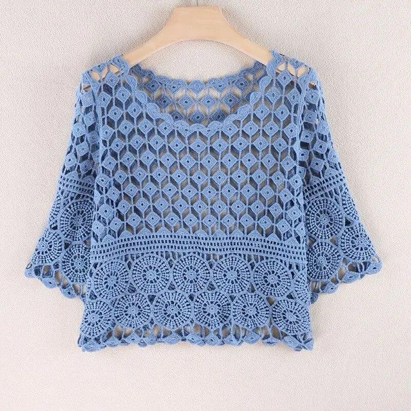 Short Hollow Sexy Round Neck Knitted Cover Up Shirt for Women, Versatile and Loose Fitting, Slimming , Stylish, Clothing