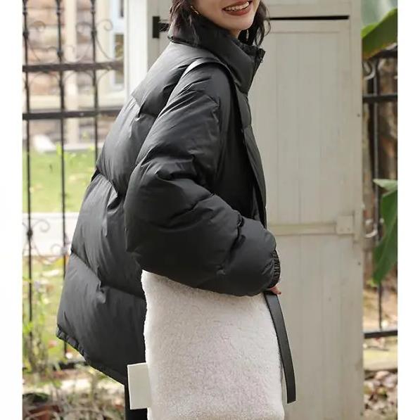 WTEMPO Warm Black Loose Thickened Warm Stand Collar Down Coats Women's Large Size Zipper Cotton-padded Coats with Pockets Outdoor