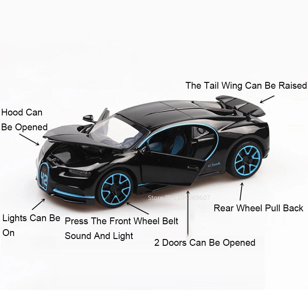 1:32 Chiron Sports Car Model Toys Alloy Diecast Supercar Pull Back Doors Opened Sound Light Racing Vehicle Models for Kids Gifts