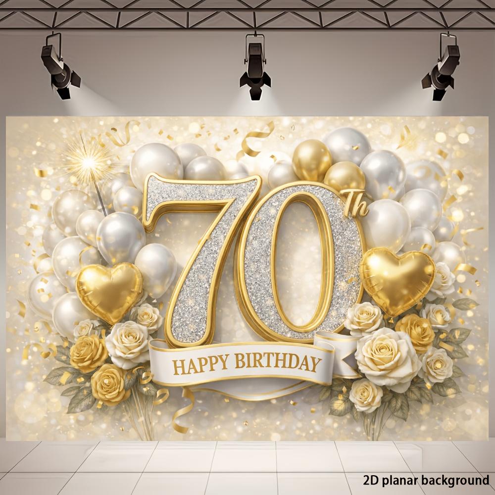 2D plane 70th birthday party banner background. Theme for 70th birthday, with sparkly gold border and the number 70.