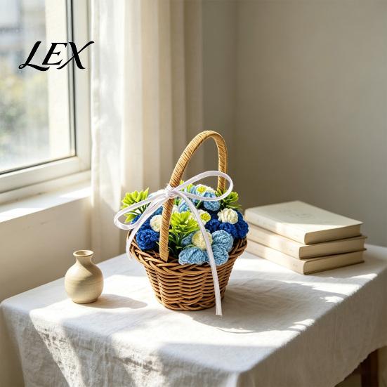 Gift for Chinese Valentine's Day Hand Knitted Wool Flower Basket, Decorative Mini Crocheted Floral with Small Woven Basket Photos Ribbon, Plant