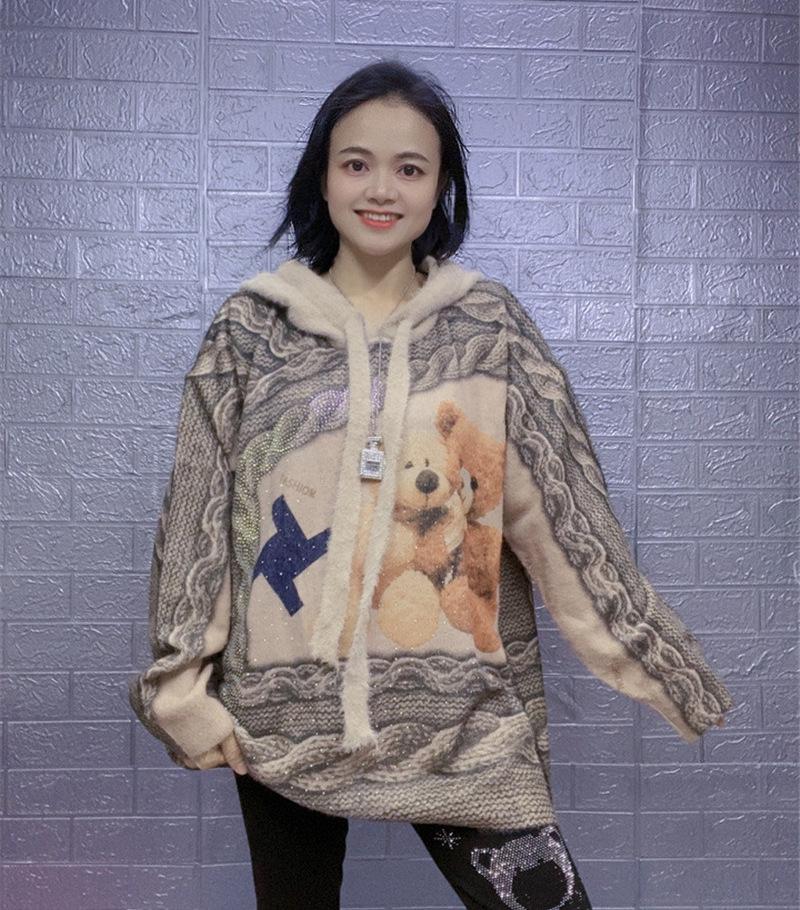 2023 Autumn/Winter Retro Mink Velvet Oversized Sweater with Hot Drilling