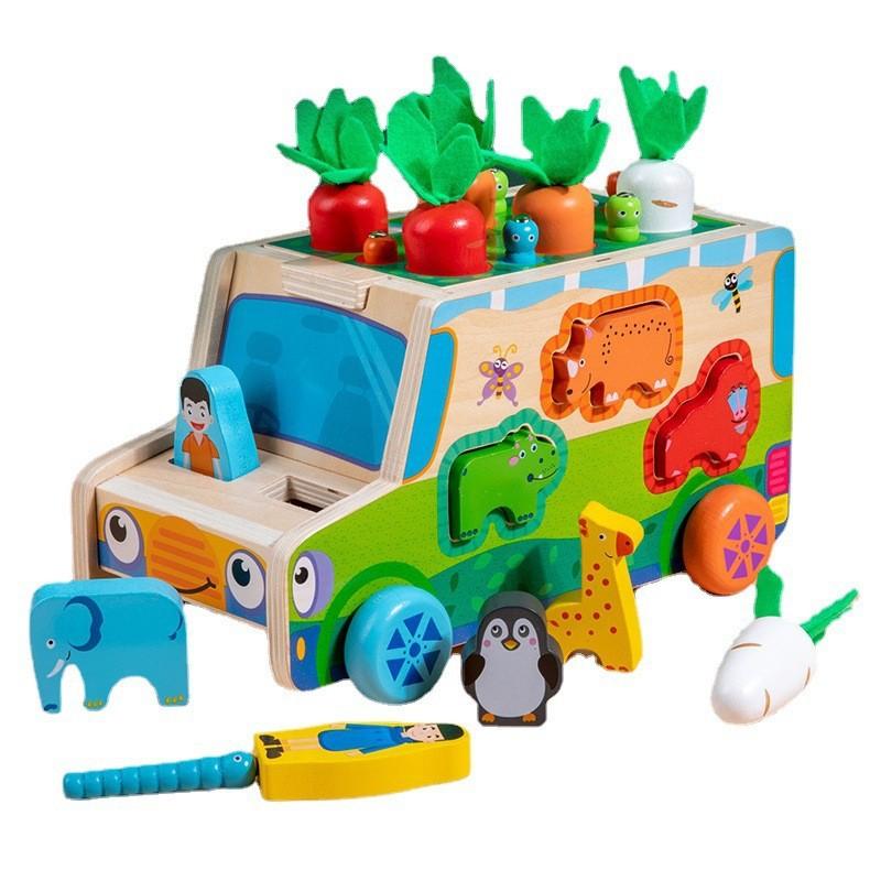 Cartoon Wooden Animal Geometric Shape Matching Trailer Toy
