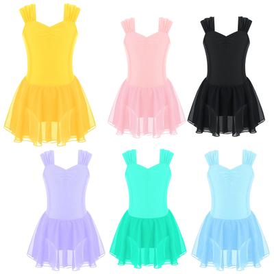 Leotardos de Danza para Niñas Vestido sin Mangas Fruncido Cuello en V Color Sólido Leotardo de Competición Vestido