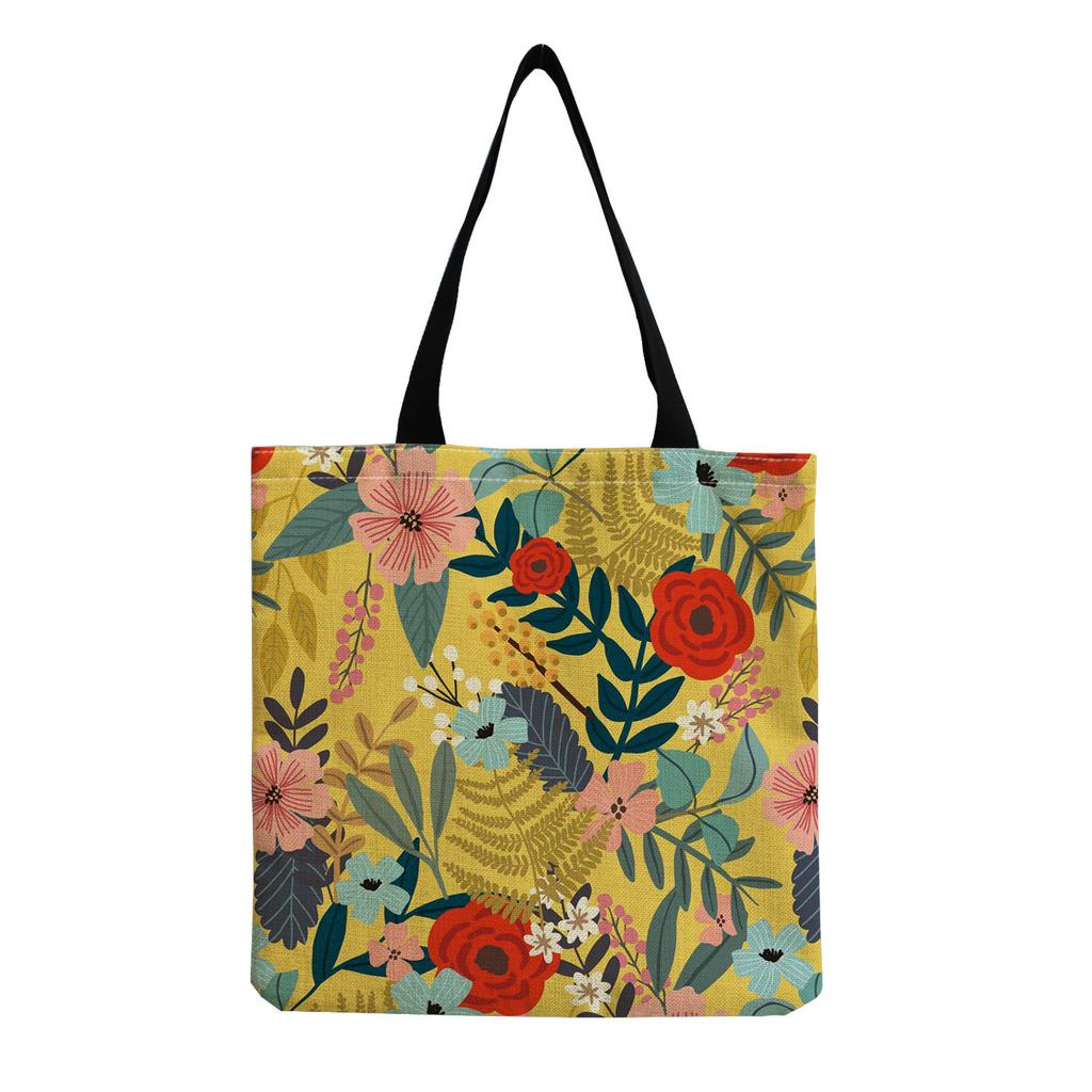 Women Vintage Linen Tote Bag - Large Capacity Flower Print Shoulder Handbag for Casual & Grocery Shopping KTB