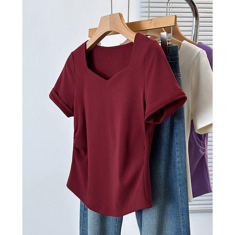 Summer Women Black Casual T Shirt Irregular Neckline Slim Fit Top