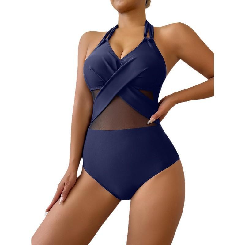 Women’s Sexy Mesh Monokini Bathing Suit One-Piece Bikini Swimsuit, Solid Color Halter Backless Swimwear