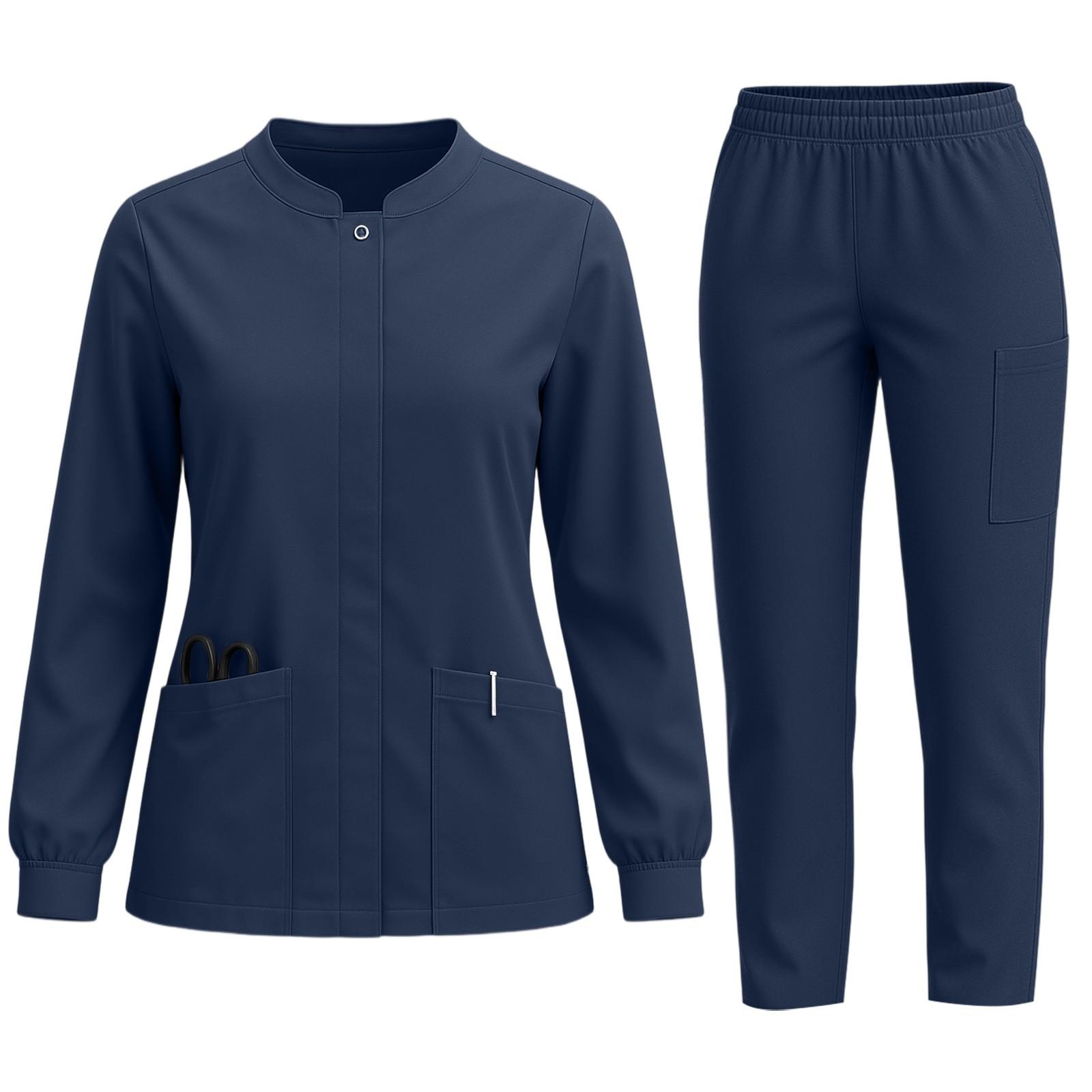 

Женский комплект из быстросохнущей ткани, однотонный, с круглым вырезом, карманом, длинными рукавами и брюками, рабочая одежда XXL тёмно-синий