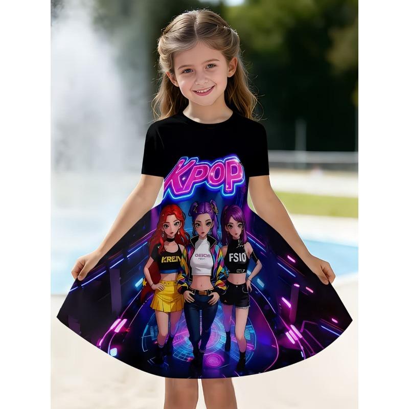 Kpop kreslené grafické šaty pro dívky Vtipný dárek pro fanouška Oblečení pro Harajuku dívky Letní topy Šaty s krátkým rukávem Dětské oblečení