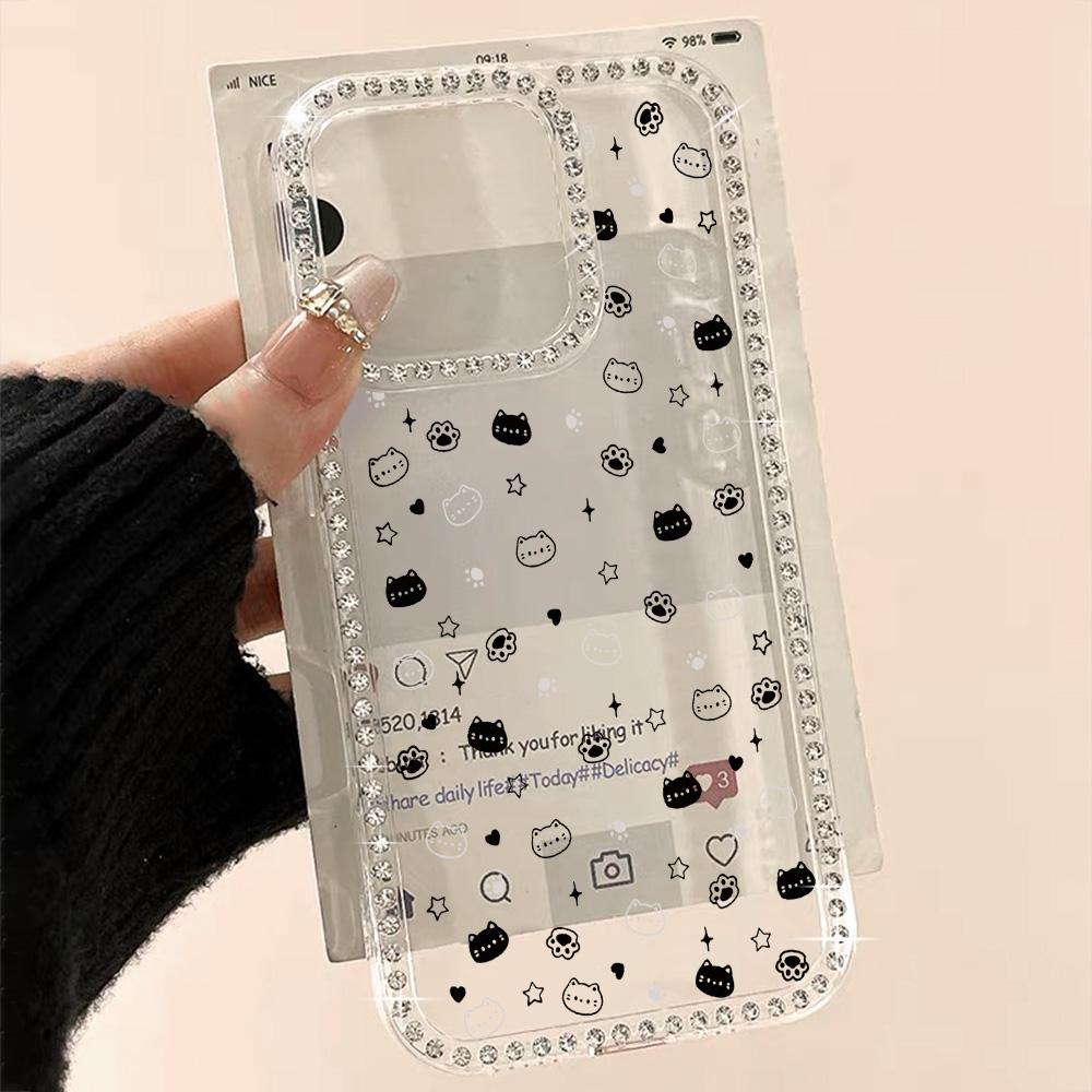 Cute Cat Shiny Glitter Rhinestone Phone Case For iPhone 17 Pro Max Case iPhone 15 12 11 14 13 16 Pro Max 17 Air Soft Clear Cover