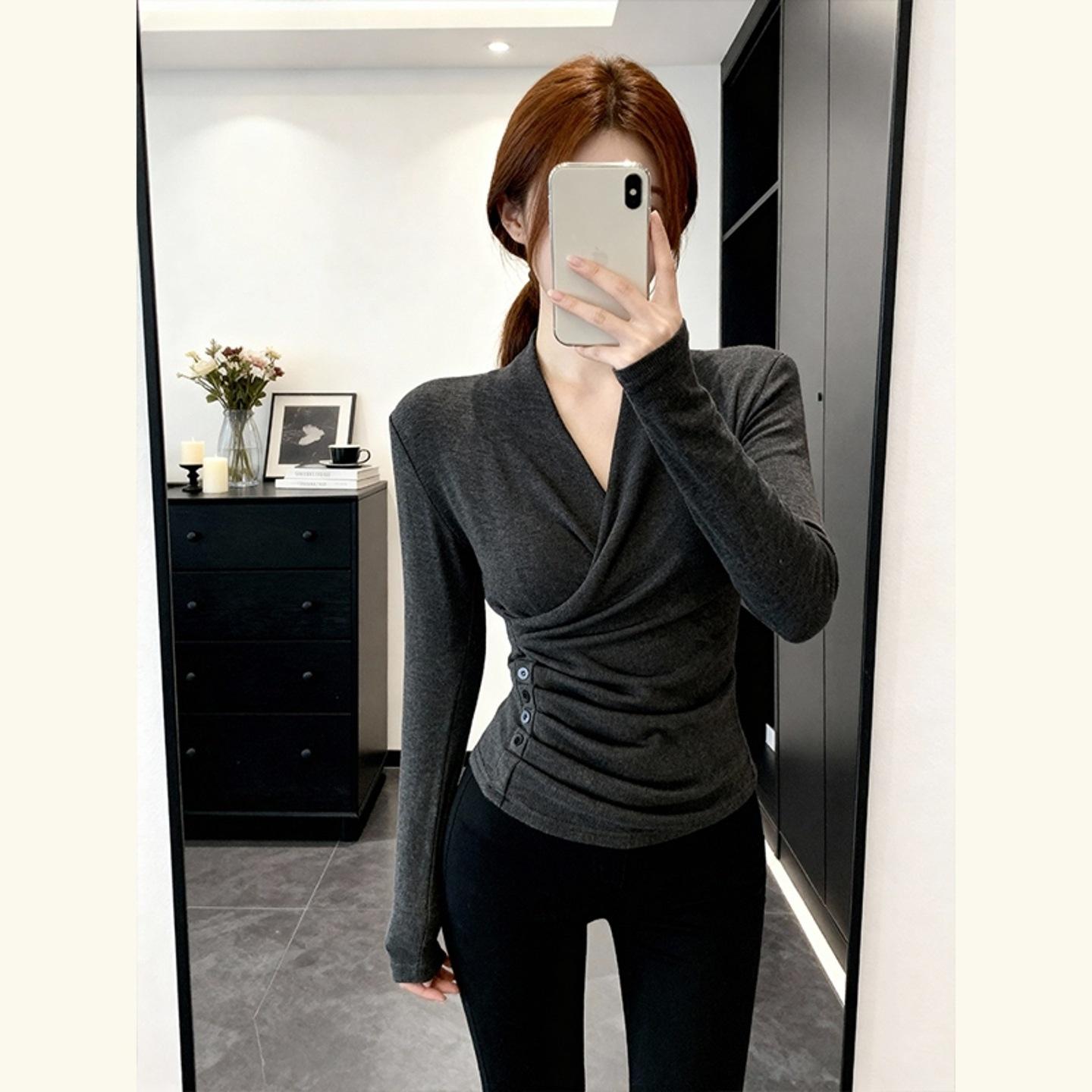 French Chic V-neck Slimming Long-Sleeve T-shirt with Pleated Waist for Autumn/Winter Extra Large темно-серого