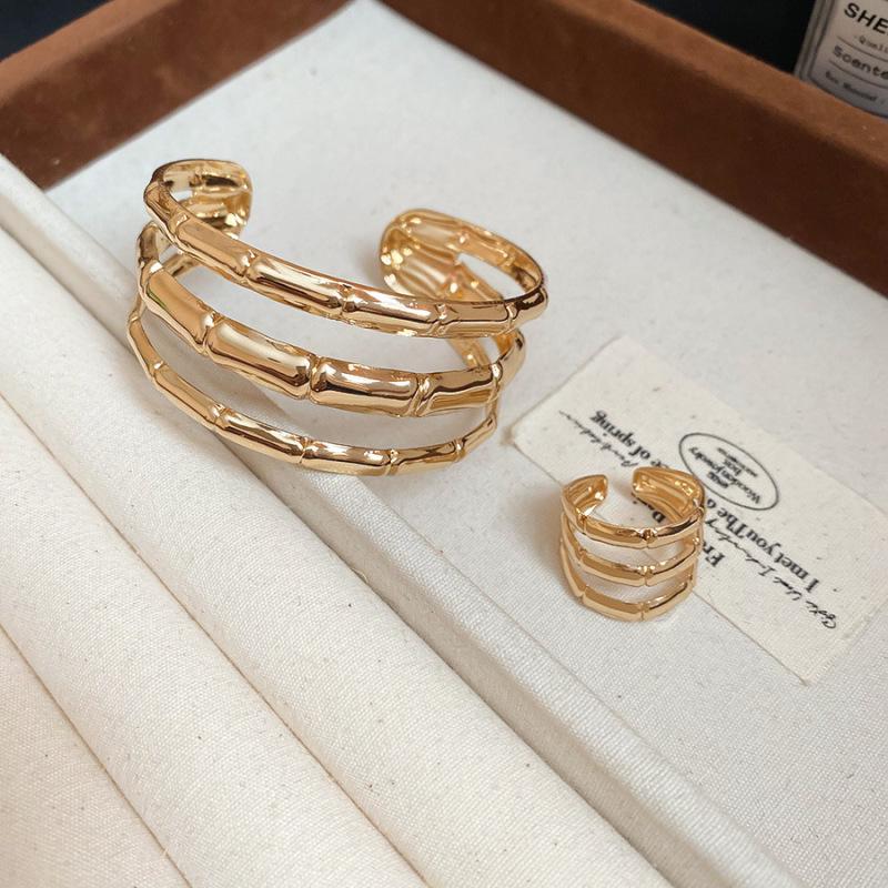 European & American Geometric Double-Layer Metal Bangle Bracelet: Exaggerated Design with Hollowed-Out Details