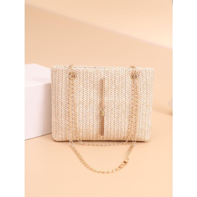 Small fresh pastoral woven chain Small square bag Embroidered tassel Single shoulder oblique span bag Women's bag