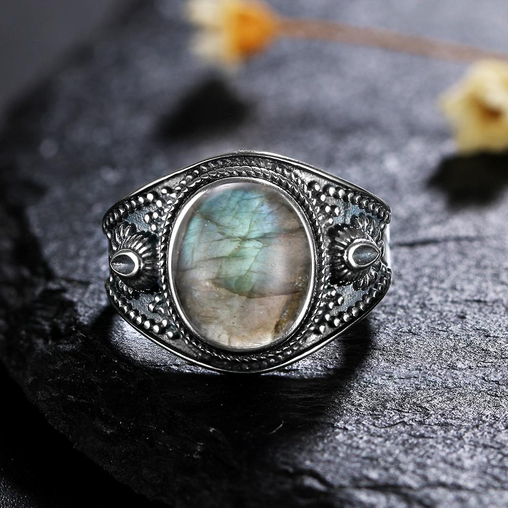 CopperRing for Women Oval Round Natural Labradorite Ring Gift Sun Shaped Retro Luxury Fine Jewelry