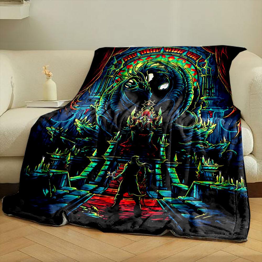 A glowing dragon encircles a throne, with a character advancing below. for all seasons blanket lunch break throw gift
