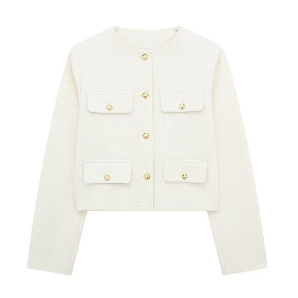Women's Fashion and Casual Versatile Round Neck Flip Decoration Short Suit Coat Plus Size