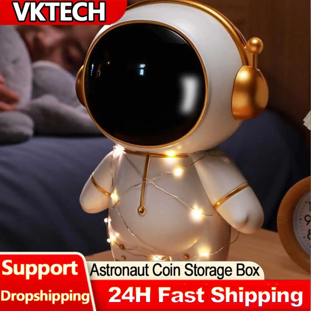 Astronaut Money Boxes Multifunctional with Light String Money Storage Box Portable Night Lamp Battery Powered for Children Gifts