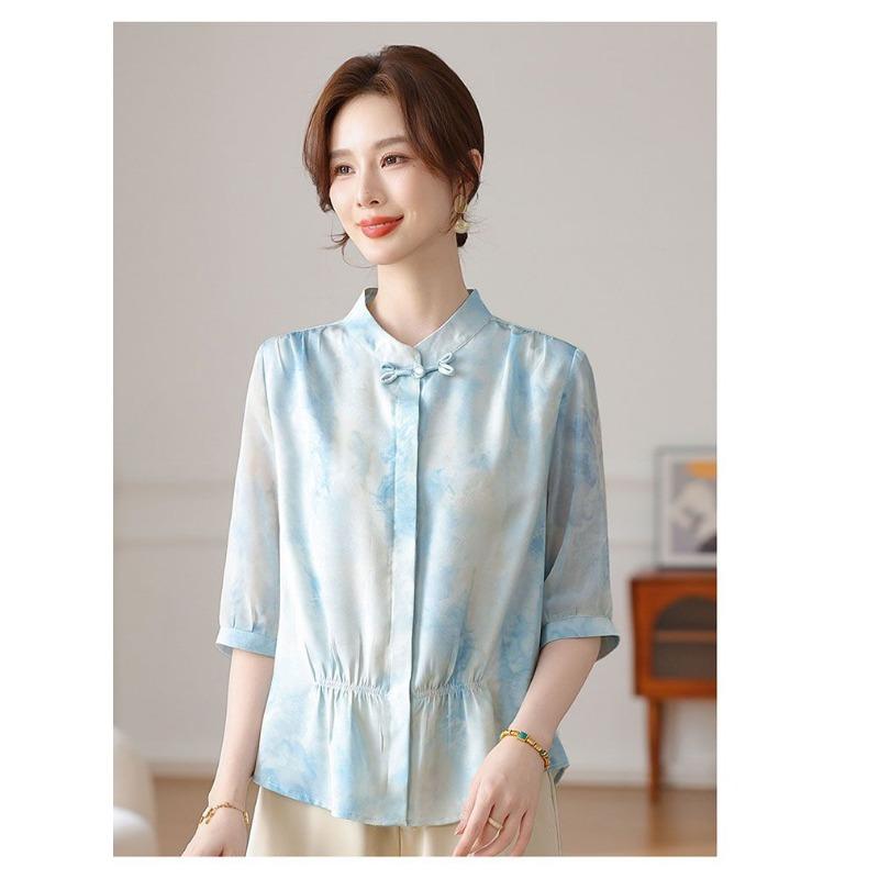 

Women s Chinese Style Stand Collar Blouse Half Sleeve Tie-Dye Pattern Frog Button Elegant Top for Daily XL синій