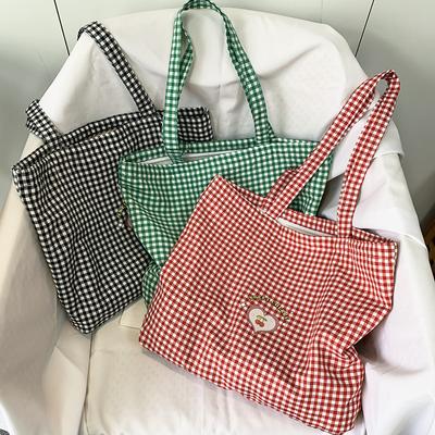 Retro Plaid Women's Portable Shopping Bags Eco Reusable Female Cott Tote Shoulder Bag College Girls Book Handbags with Zipper