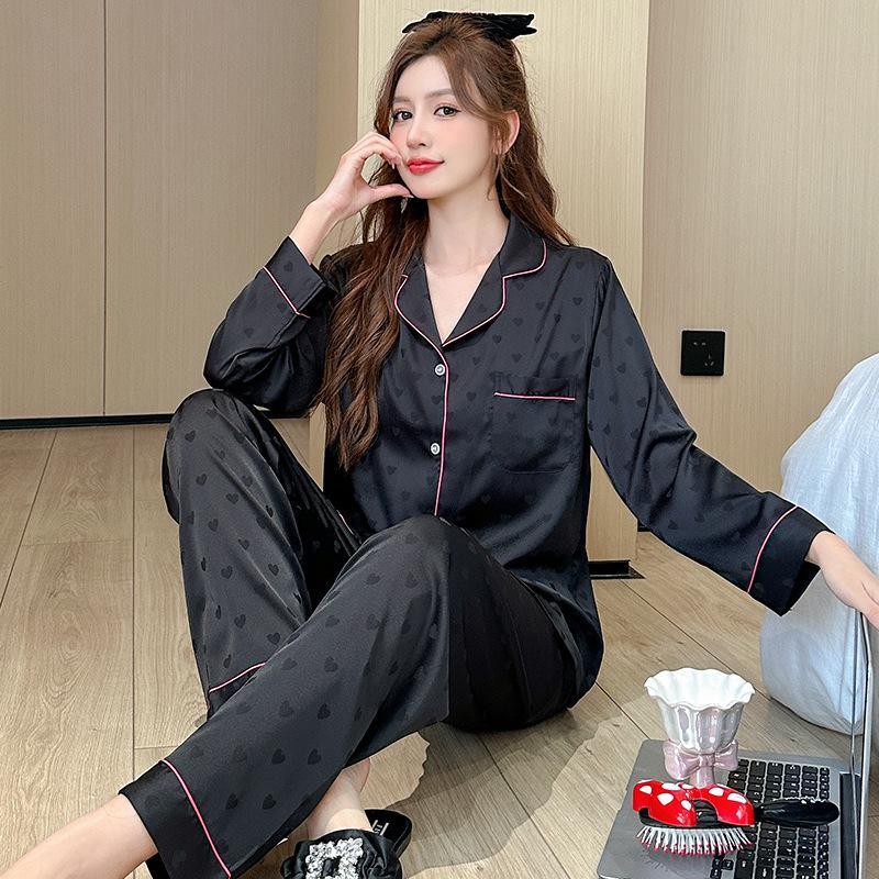 

Женская мода весна-осень домашняя одежда из шёлка льда 2 предмета с длинным рукавом жаккардовый комплект пижамы летняя тонкая домашняя одежда высокого класса XXL чёрный