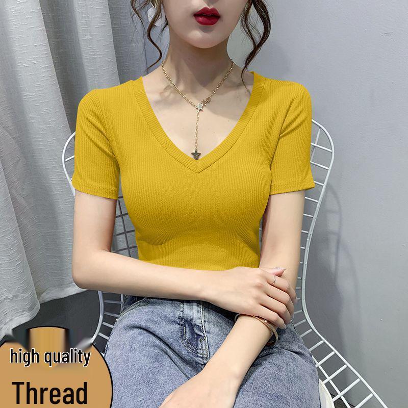 Women's Slim Fit Ribbed V-Neck T-Shirt - Summer 2026, Short Sleeve, Plus Size, Stylish Plain Color
