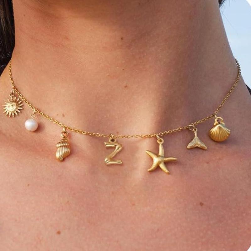Charm Gold Color A-Z Pendant Alphabet Choker Necklace Women Shell Conch Starfish Initial Letter Necklaces Boho Beach Jewelry