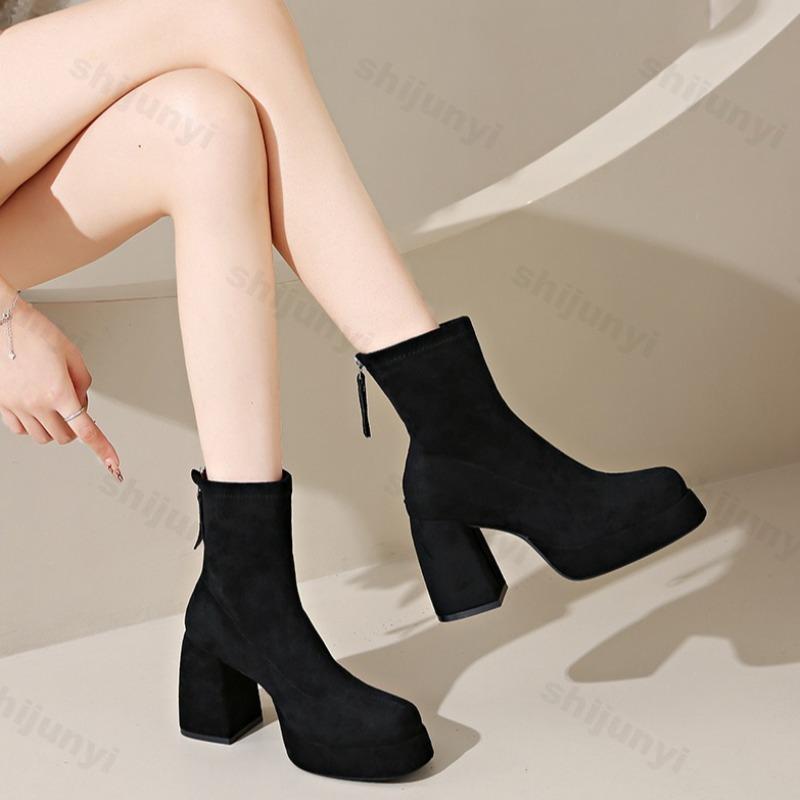 Fashion Women's Fashion Retro Suede Thick Soled High-heeled Boots 2025 Autumn New Back Zipper Design Comfortable Square Head Ankle Boots