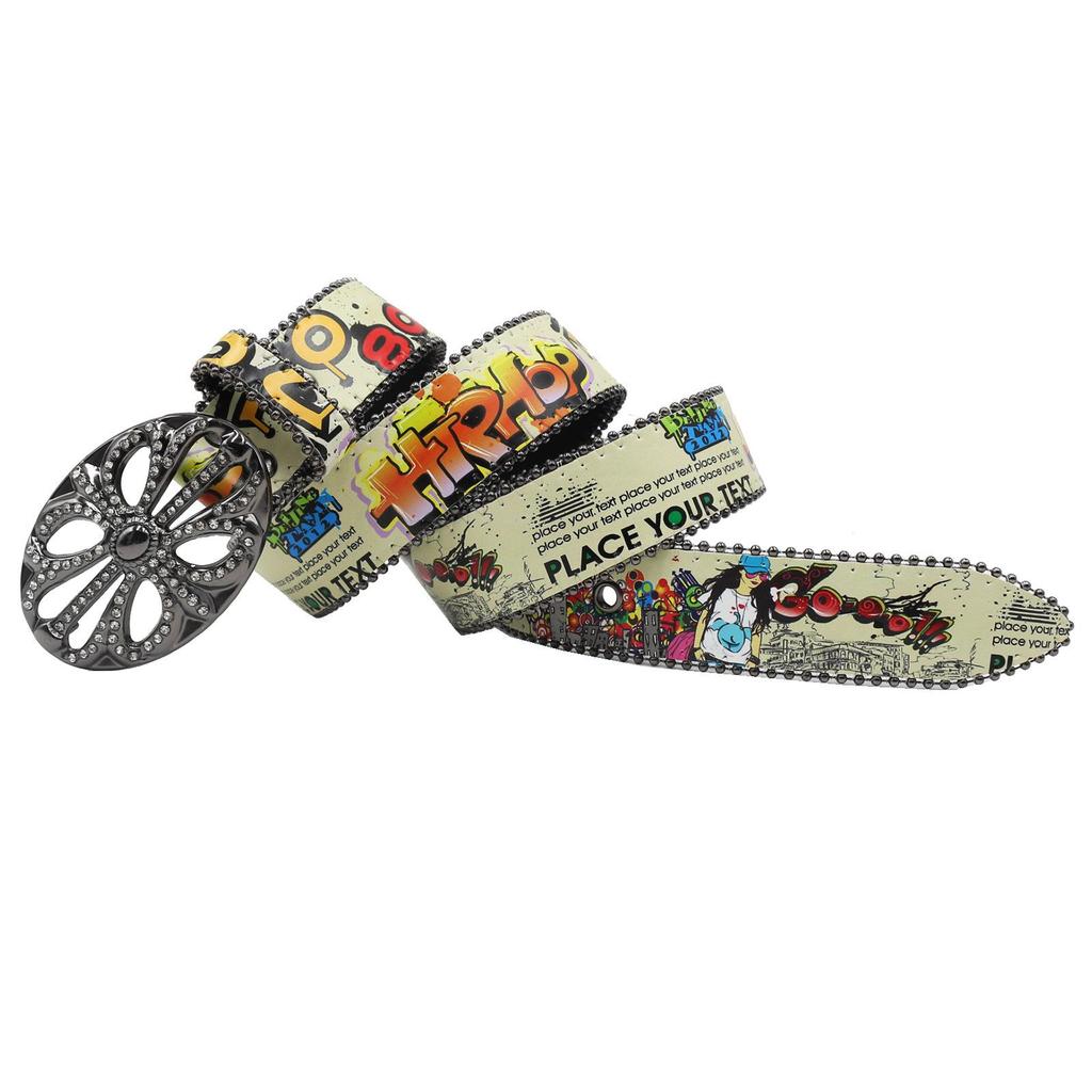 Croatian Rhinestone Graffiti Leather Y2K Belt: Versatile European & American Style