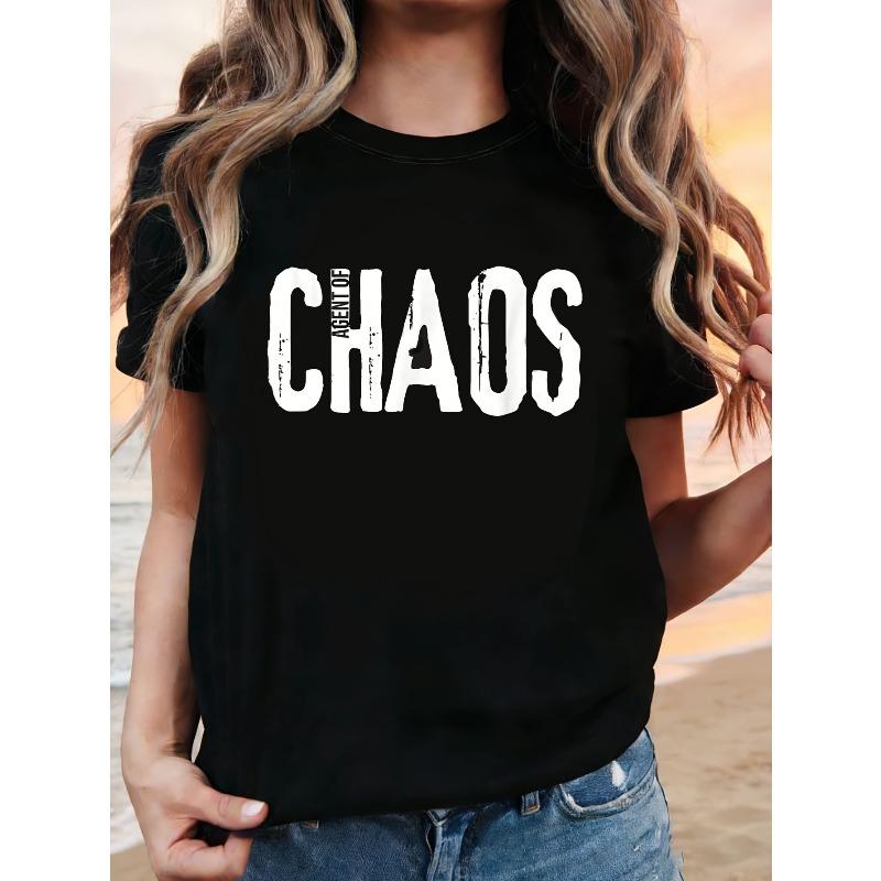 

WOMEN S T-shirt with Printed Slogan in Distressed White Font, Featuring a Cool and Edgy Style . Round-neck Printed T-shirt S чёрный