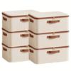 Foldable Linen Storage Box Double Zippers Faux Leather Handles Lid Beige Woven For Under Bed Clothes Laundry Moving Space Saving