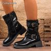 Fashion Vintage Buckle Strap Mid-Calf Boots for Women Brown Pu Leather Motorcycle Shoes Woman Autumn Winter Chunky Heel Booties Fashion