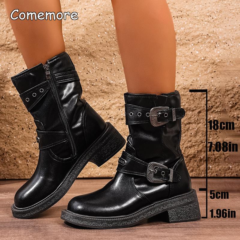 Fashion Vintage Buckle Strap Mid-Calf Boots for Women Brown Pu Leather Motorcycle Shoes Woman Autumn Winter Chunky Heel Booties Fashion