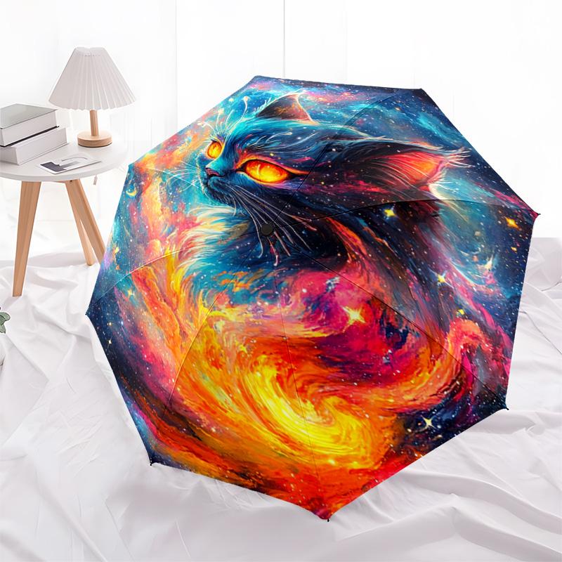 1 PC Automatic Folding Umbrella - Cosmic Cat Pattern, Portable & Foldable Design with 8 Ribs, Christmas Birthday Gifts