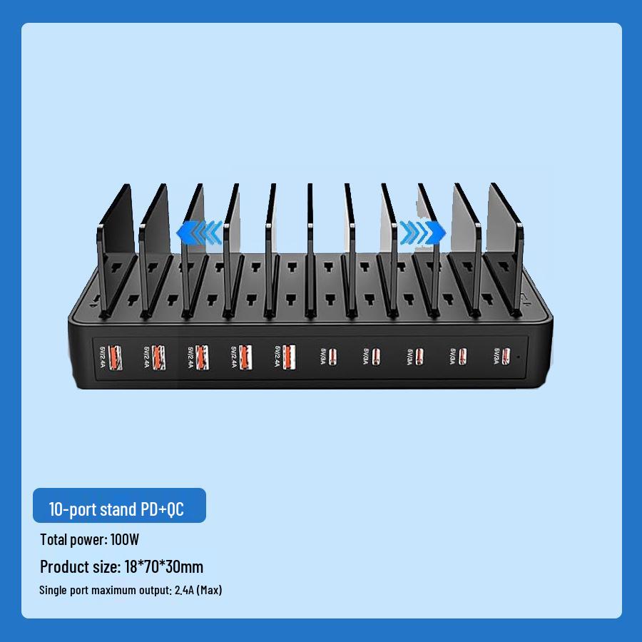 10-Port Universal USB Charging Station with Type-C for Tablets & Phones