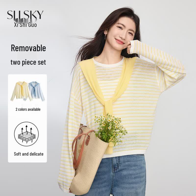sllsky Striped Knit Two-Piece Set with Shawl XL