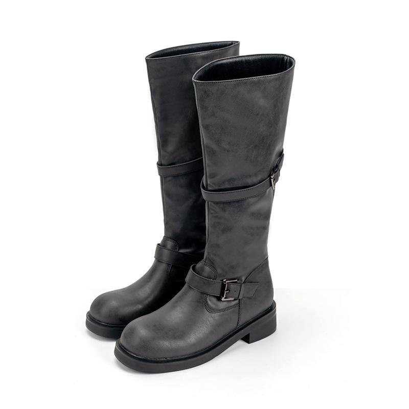 

Воловья кожа~ Натуральная кожа толстая подошва круглый носок ретро пряжка на ремне потертые длинные сапоги женские осень-зима новые высокие сапоги сапоги для верховой езды 40