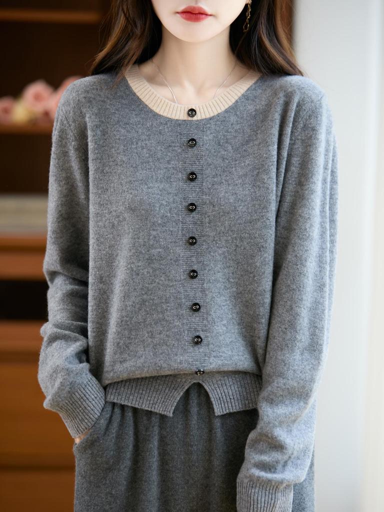 Women's Color Block Two-Piece Look Wool Sweater - Slim Fit, Loose, Round Neck Knitwear for Spring and Autumn