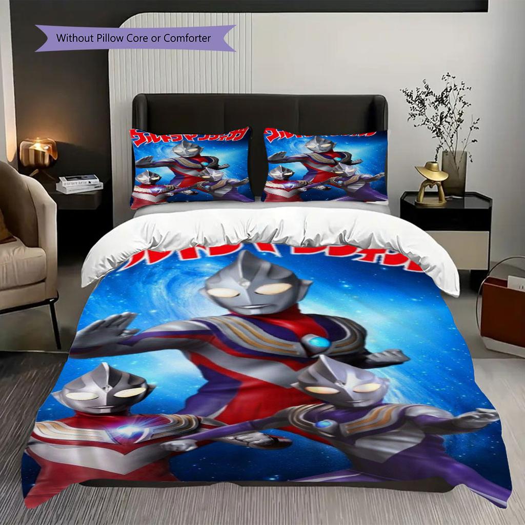 Three-piece cartoon Ultraman Tiga printed bedding set,(1*Duvet Cover + 2*Pillowcase, Without Core) suitable for bedroom use.